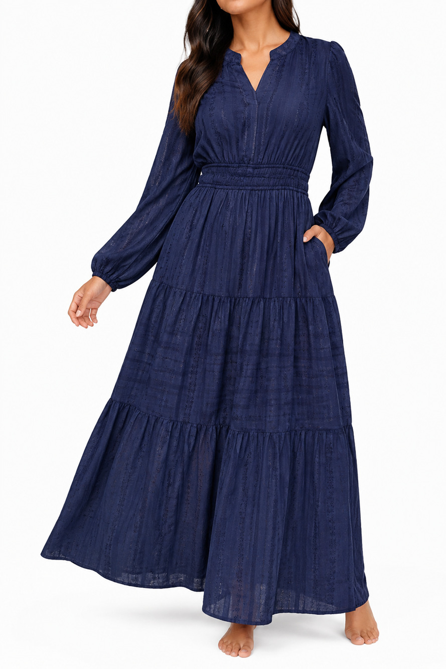 Hepoe Women's XL Navy Cotton Smocked Puff Sleeve Maxi Dress NWT